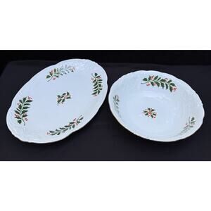 Vintage Royal Kent Christmas Holiday Holly Poland Serving Platter & Bowl Nice!